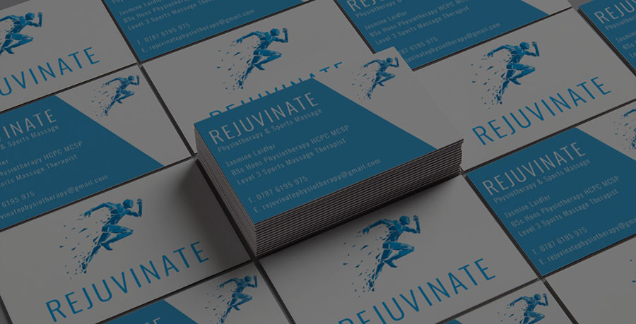 Rendered image of a stack of Rejuvinate Physiotherapy business cards.