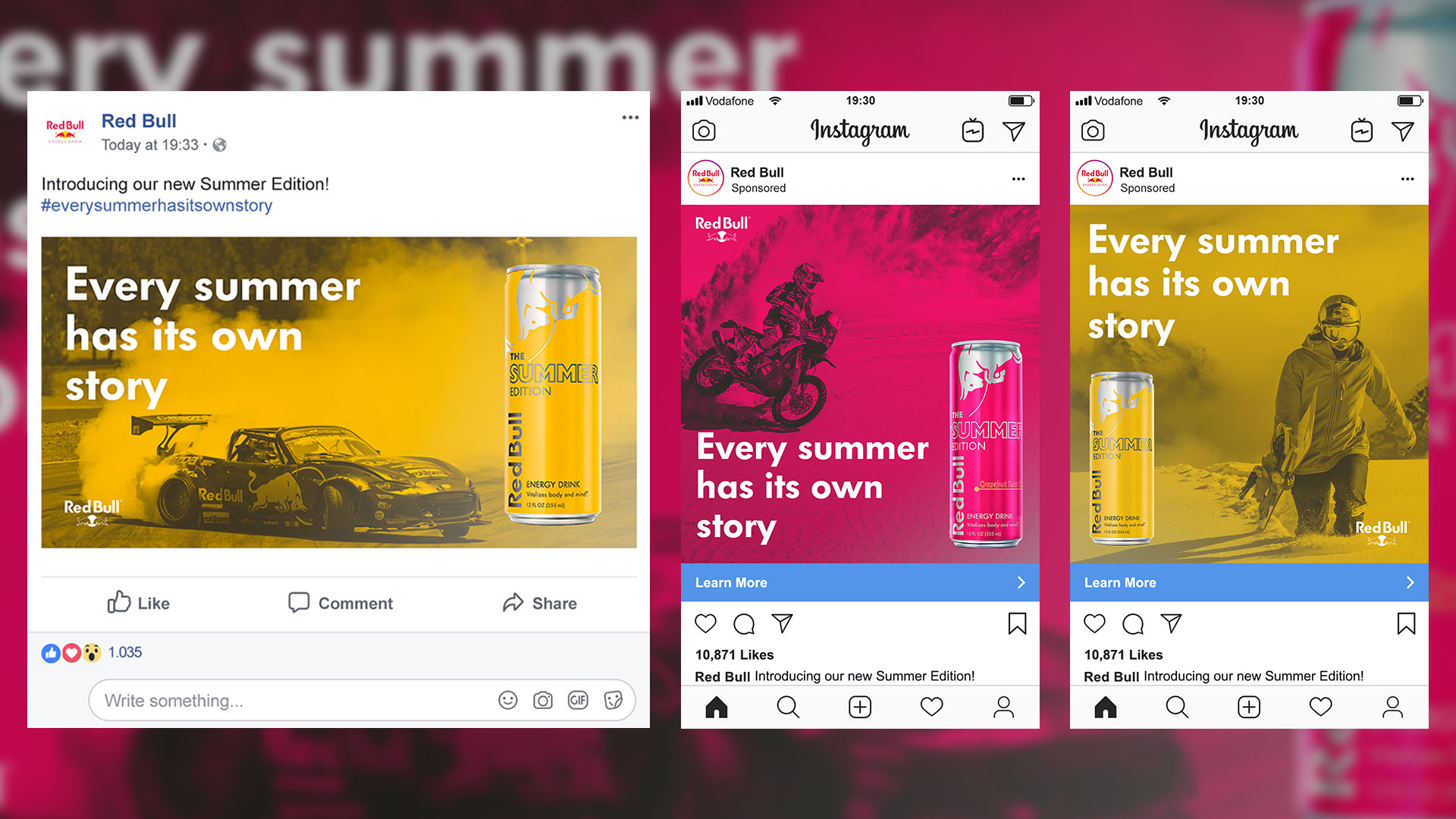 Composite image of multiple adverts mocked up in both Facebook and Instagram.